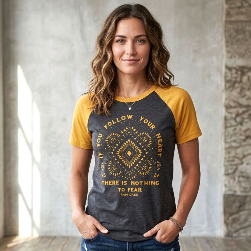 Next Level Ram Dass Graphic T Shirt Womens Size S Yellow Charcoal Raglan Cotton